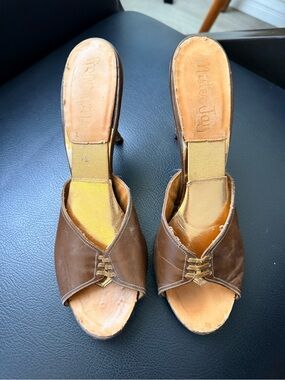 Vintage Brown Open-Toe Heeled Mules - Spring-o-laters